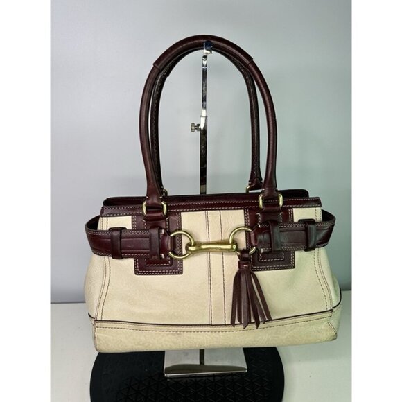 VTG Coach Hamptons Ivory / Maroon Pebbled Leather Bag - Picture 1 of 9